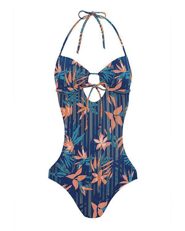 Floral Striped One Piece Swimsuit