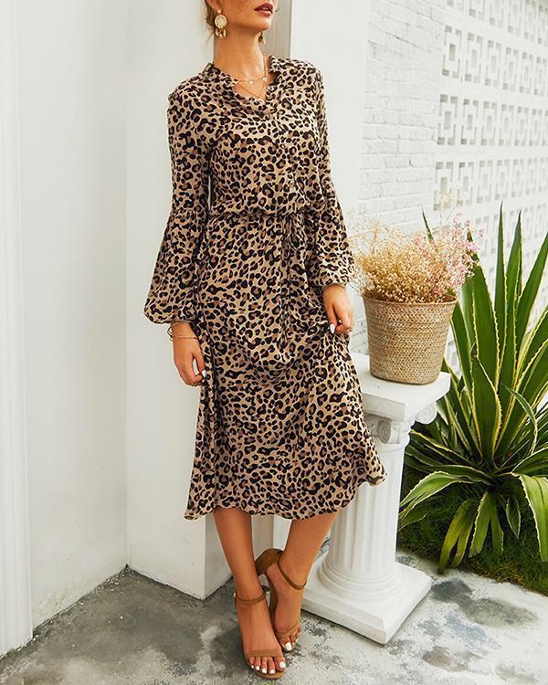 Leopard Print Half Button Blouson Shirt Dress