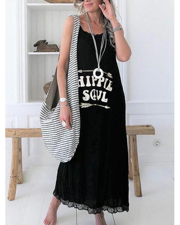 Women Casual Lace Edge Printed Sleeveless Dress