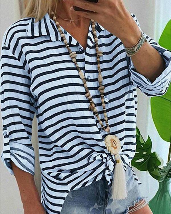 Casual Long Sleeve V-Neck Striped Blouse