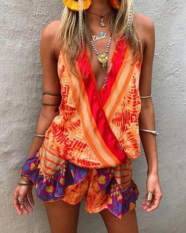 Beach Casual V Neck Sleeveless Printed Color Jumpsuit