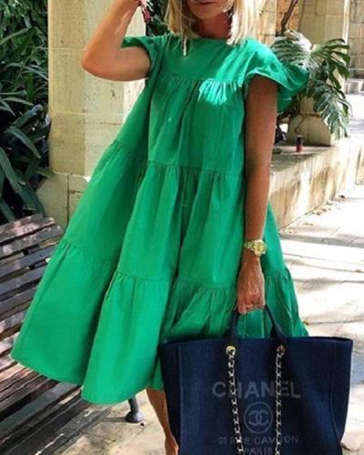Ruched Short Sleeve Loose Green Midi Dress