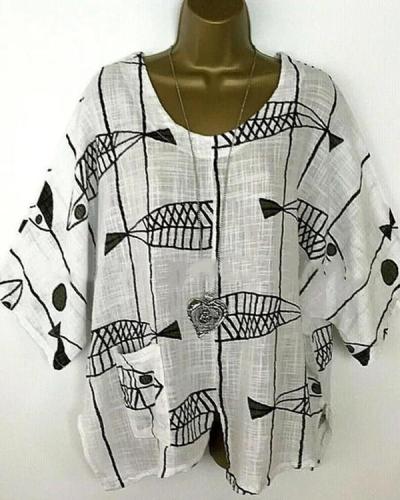 Casual Printed Crew Neck Half Sleeve Plus Size Blouses Tops