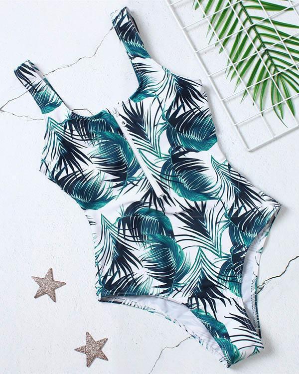 Striped Printed Zipper One-piece Swimsuit