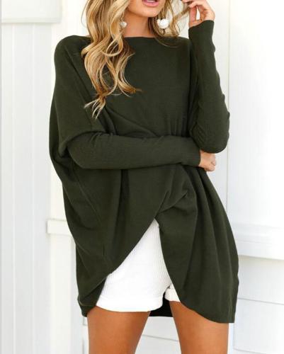 Casual Long Sleeve Crew Neck Solid Knitted Plus Size Blouse