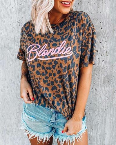 Leopard Blondie Letter Print Brown T-shirt