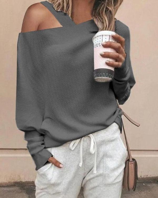 Fashion Sexy Shoulder Out Puff Sleeves Knit Blouse