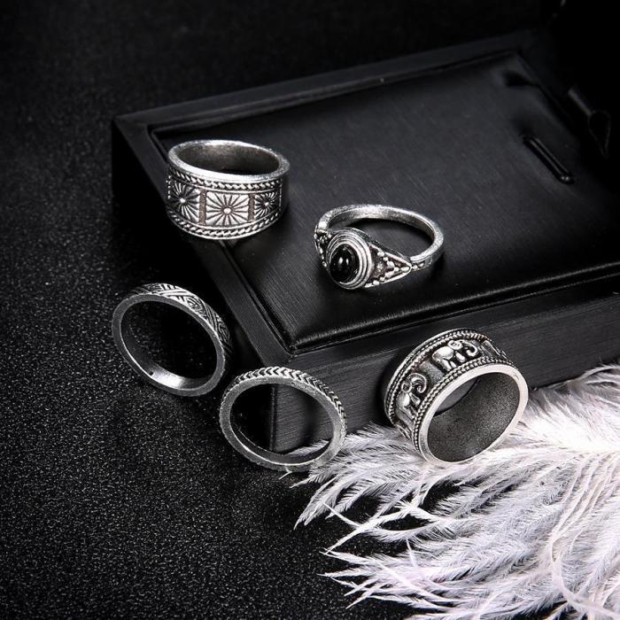 Jewelry-Bohemian Totem Black 5 Piece Ring Set