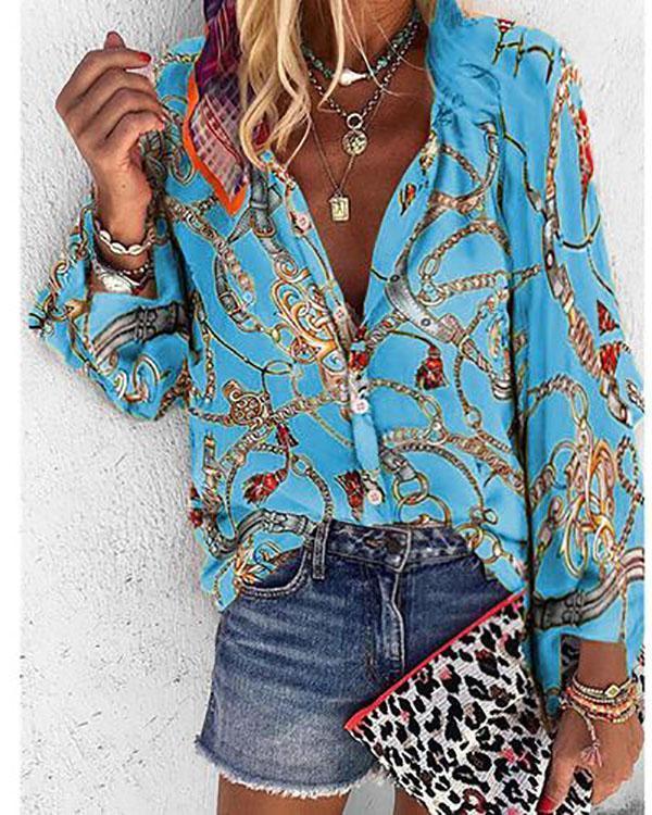 Autumn and Winter New Printing Stand Collar Long-sleeved Casual Blouse