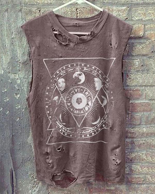 Vintage Round Neck Sleeveless Broken Holes T-Shirt