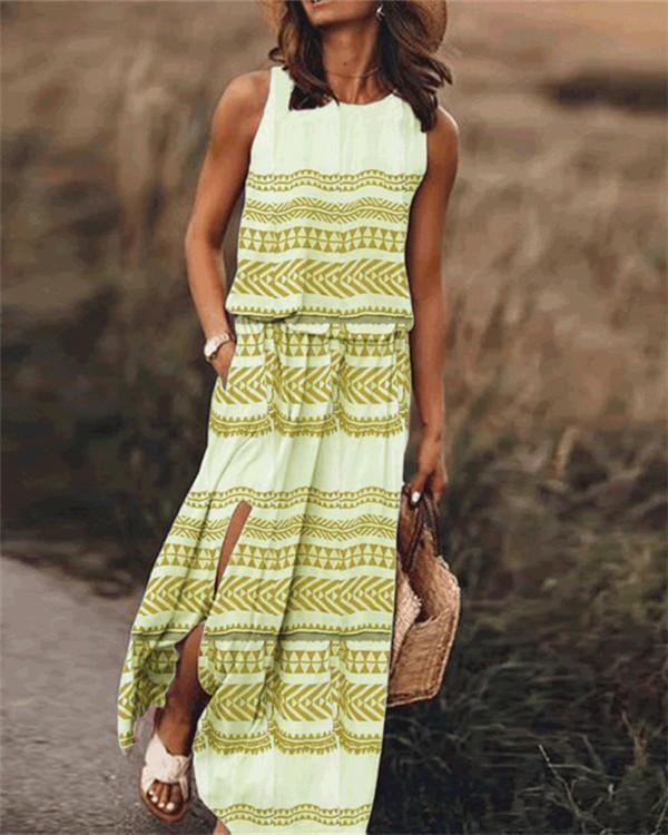 Printed Sleeveless Round Neck Holiday Daily Fashion Maxi Dresses