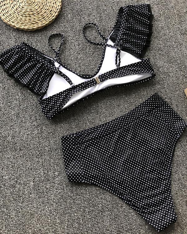 Cute Dot Print Ruffle Lace Highwaist Two Pieces Bikini