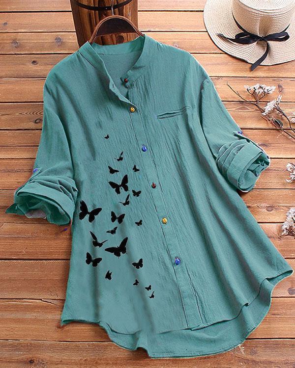 Collar Color Button Shirt Butterfly Printed Shirt