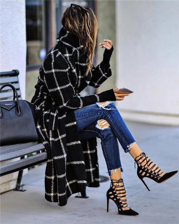 Fashion Grid Long Sleeve Overcoat