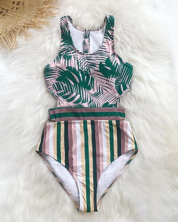Printed Tied Bowknot Hollow Beach One-piece Swimsuit