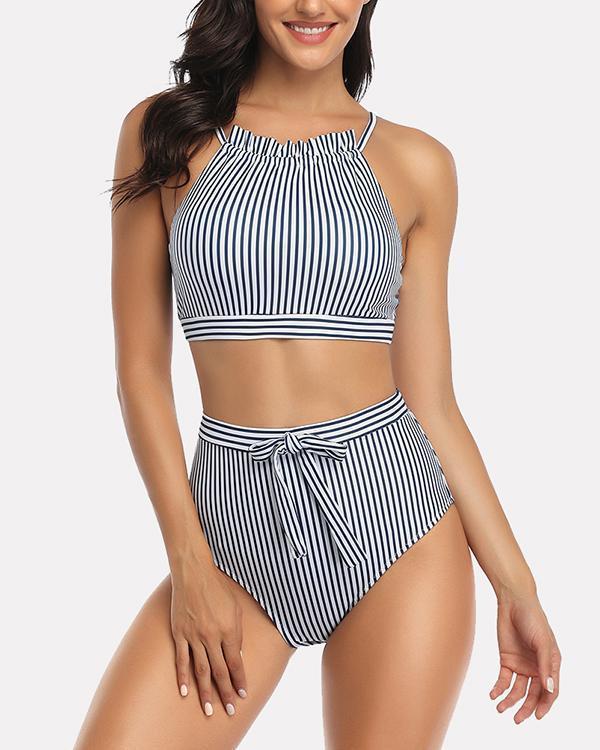 Striped Split Swimsuit Lace Up Sexy Bikini