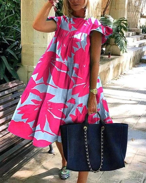 Casual Loose Ruched Print Midi Dress