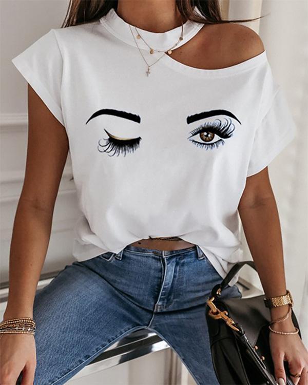 Wink Print Cold Shoulder Casual T-shirt