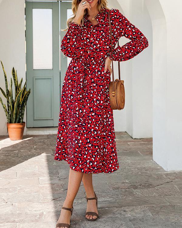 Leopard Print Half Button Blouson Shirt Dress