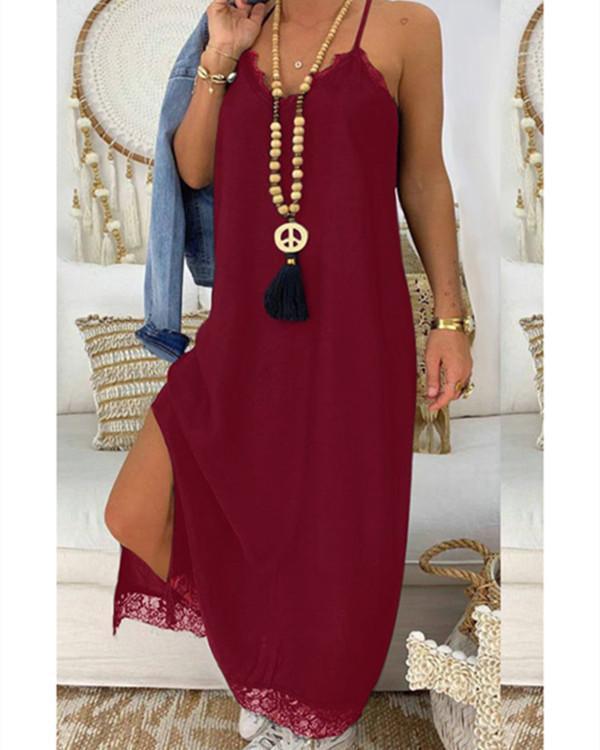 Lace Splicing Slit Spaghetti Srap Maxi Dress without Necklace - Black