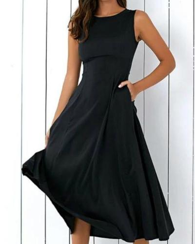 Black A-line Women Sleeveless Pockets Solid Summer Dress