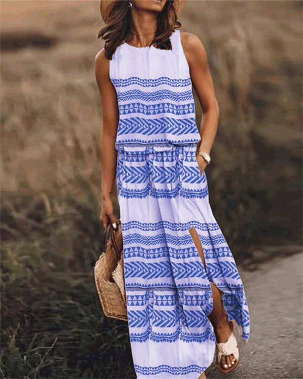 Printed Sleeveless Round Neck Holiday Daily Fashion Maxi Dresses