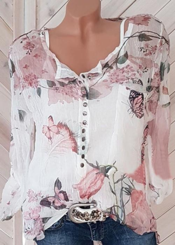 Fashionable Floral Printed V-neck Long Sleeve Blouses