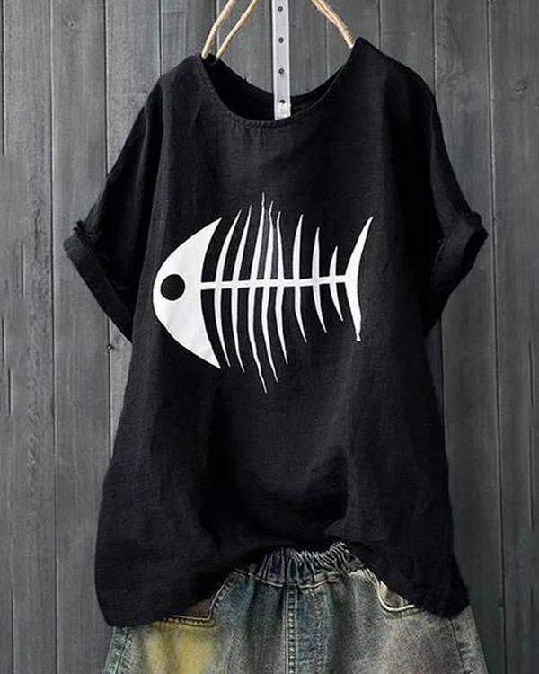 Casual Short Sleeve Crew Neck Fish Bone Printed T-Shirts Tops