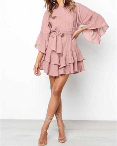 Flare Sleeves Flounced Linen Dress