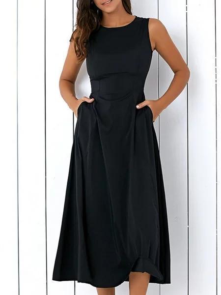 Black A-line Women Sleeveless Pockets Solid Summer Dress