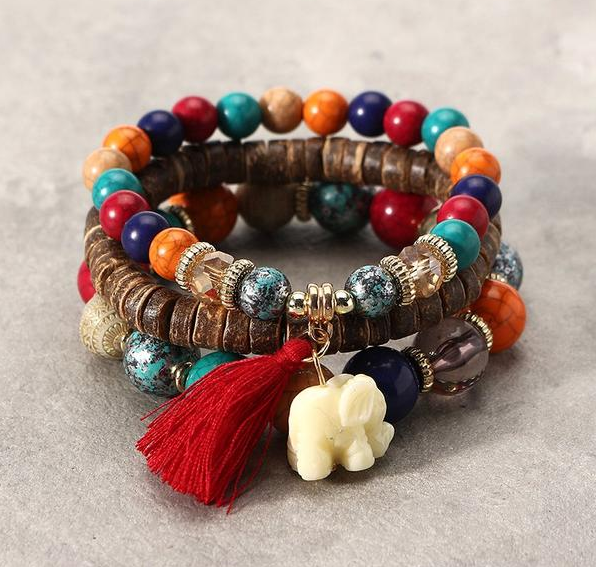 3 Pcs/set Bohemian Multilayer Beads Bracelet Wood Elastic Bracelet with Tassel Pendant Gift for Her