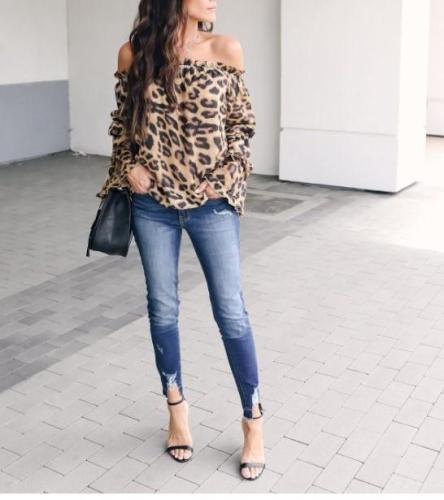 Leopard Printed Off-Shoulder Flare Long Sleeve Sexy Blouses