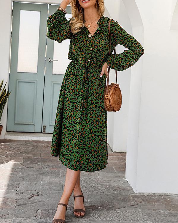 Leopard Print Half Button Blouson Shirt Dress