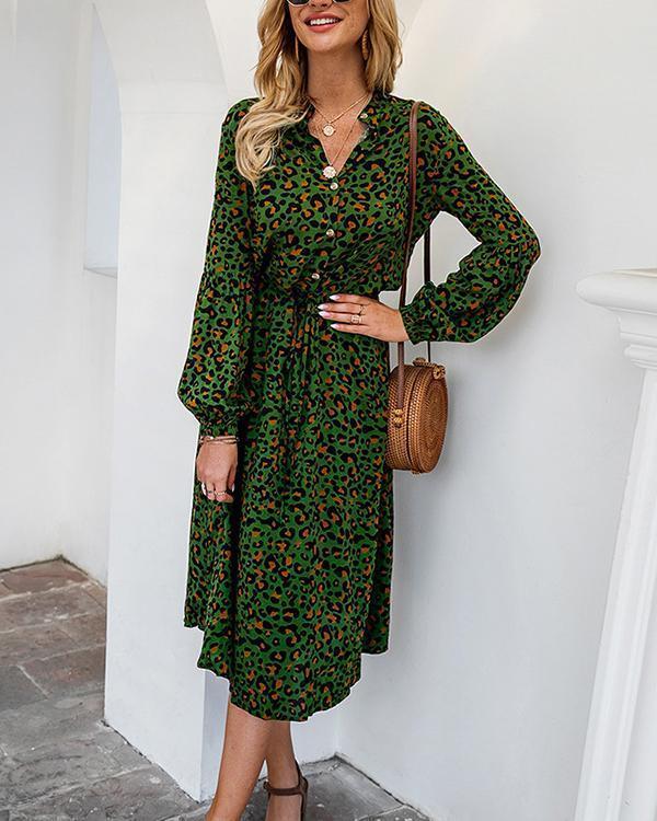 Leopard Print Half Button Blouson Shirt Dress