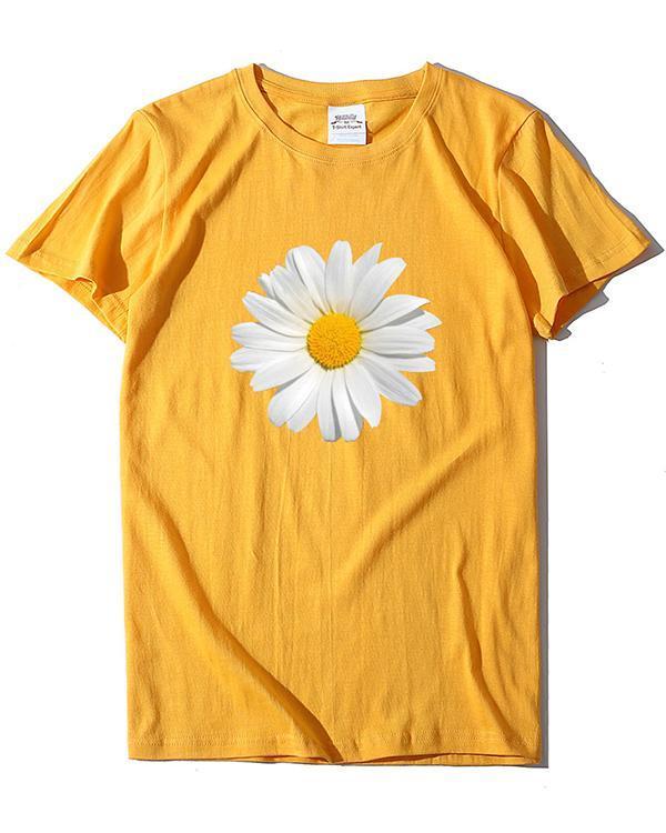 Flower Print T-shirt Ladies Short Sleeve Daily Tops