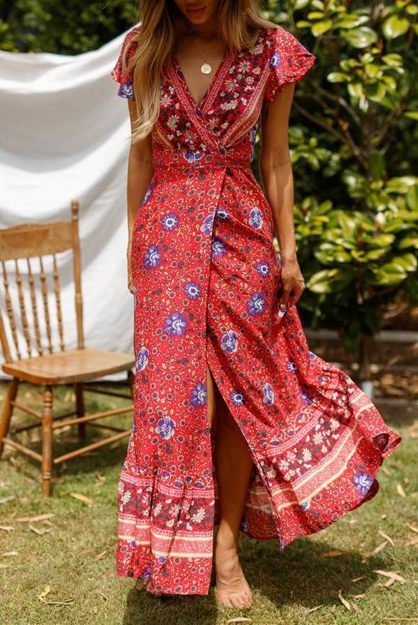 Ethnic Print Ruffled Sleeve Split Flower Wrap Belt Dress