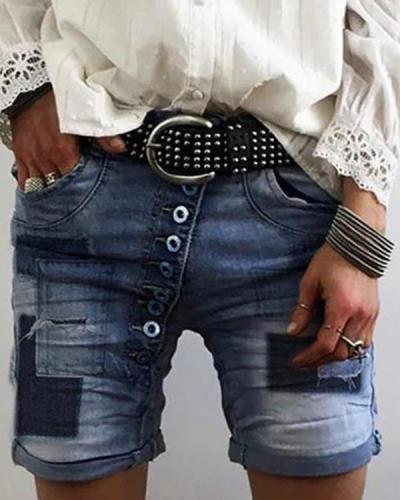 Patch Paneled Buttoned Folds Casual Short Jeans