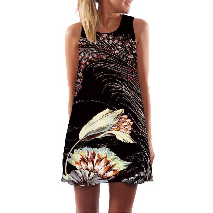 Floral Print Round Neck Sleeveless Dress