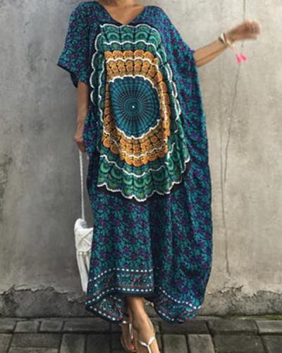 Floral-Printed Round Neck Short Sleeve Loose Maxi Kaftan Dress