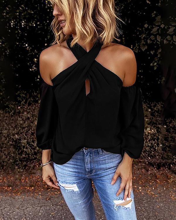 US$ 24.99 - Women Fashion Blouse Halter Solid Color Shirt Casual Off ...