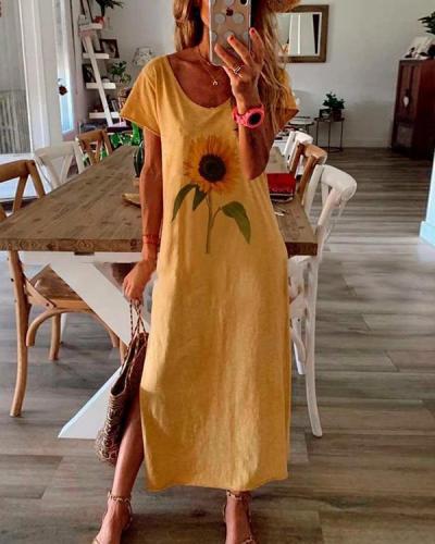 Floral Print Casual Short Sleeves Slit Maxi Dress