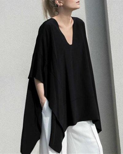 Black Asymmetrical Casual V-Neck Cotton Batwing Blouse Plus Size Tops