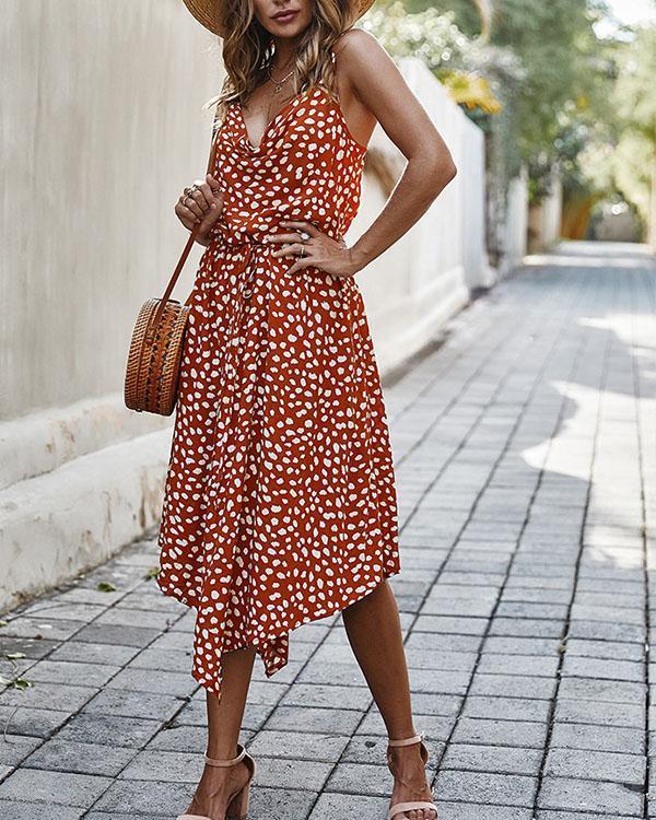 Dot Print Irregular Sleeveless Lace-up Holiday Midi Dresses