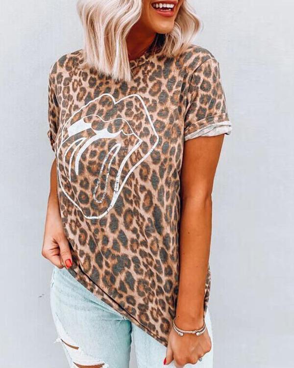 Leopard Printed Lips T-Shirt Tees