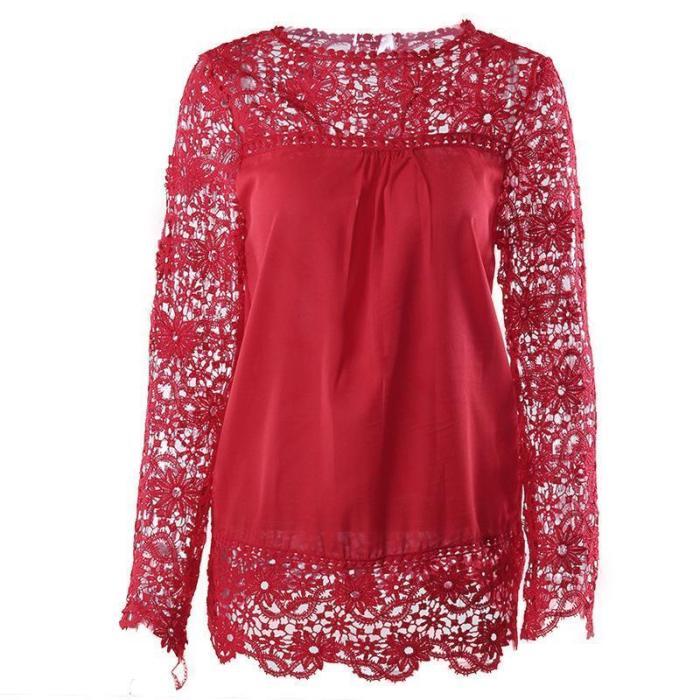 Chiffon Long Sleeve Solid Crew Neck Lace Blouse