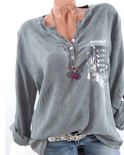 3/4 Sleeve Crew Neck Buttoned Paneled Blouse