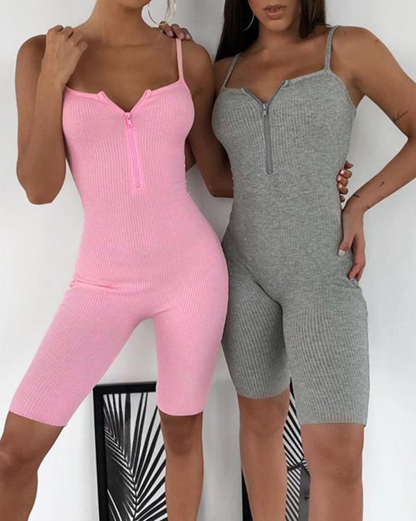 Knit Zippered Front Spaghetti Strap Ribbed Romper