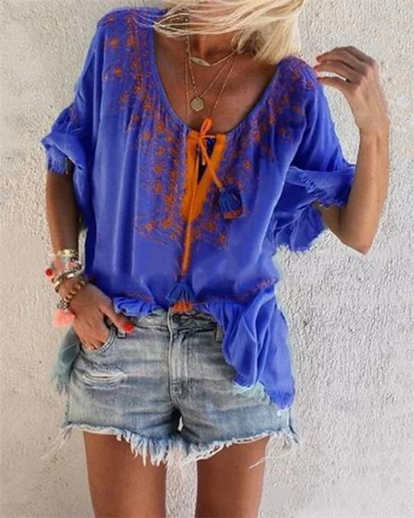 Casual Half Sleeve Floral-Print V Neck Blouses