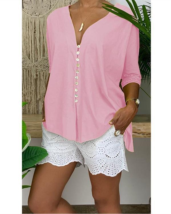 Fashion Button Lace 3/4 Sleeved V Neck Shirts Tops