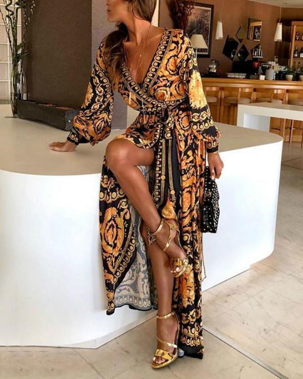 Early Spring Long Sleeve V-Neck Print Maxi Dress